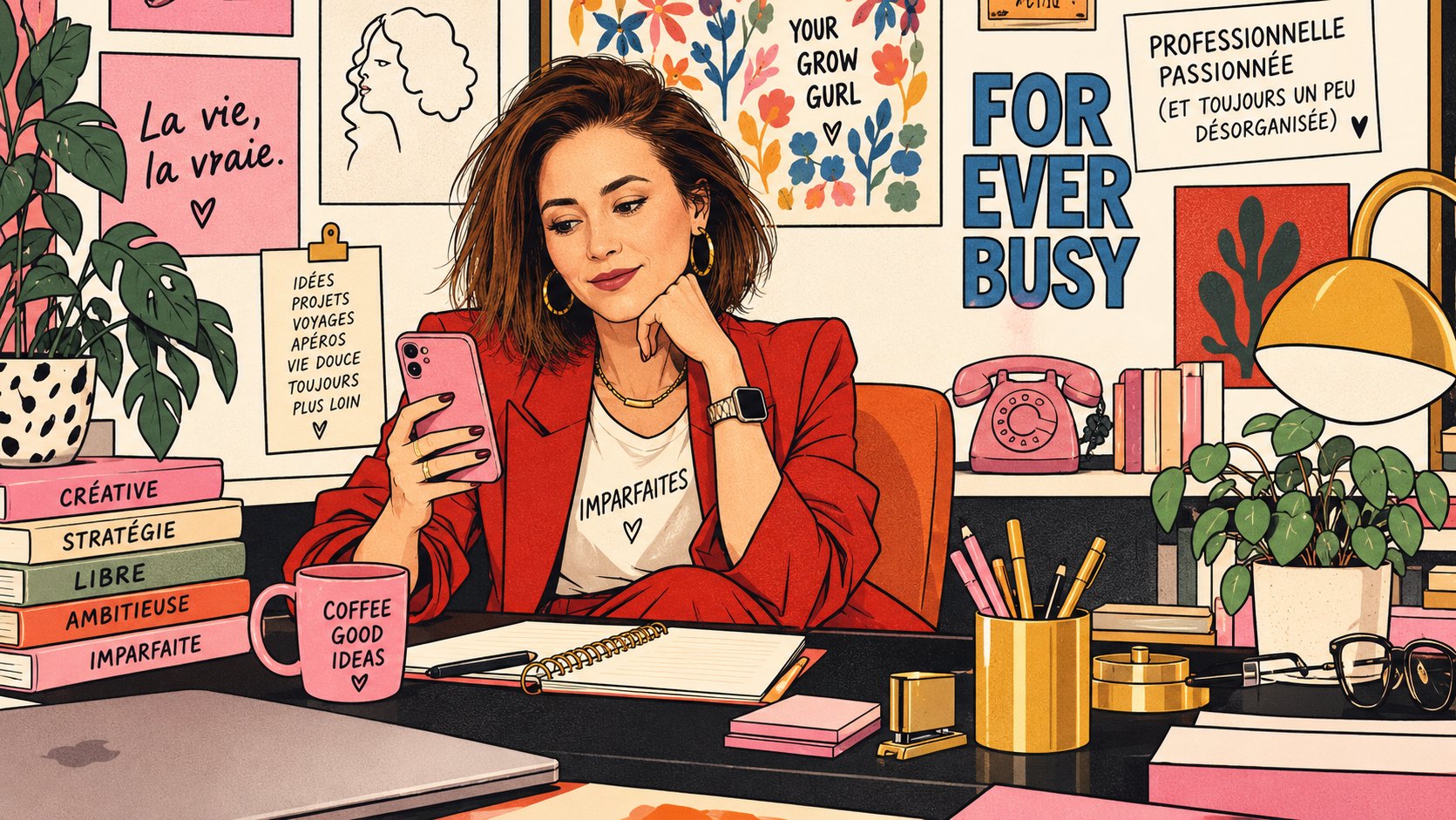 Illustration : Chrys à son bureau en tailleur rouge, entourée de ses carnets, de plantes et d'affiches « La vie, la vraie. » et « Forever busy »